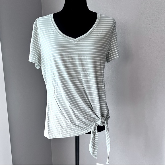 Matty M Tops - NWT Matty M short sleeve V neck side tie Tshirt light olive and white striped